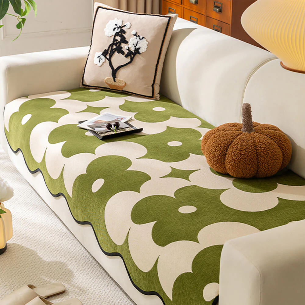 Elegant Floral Chenille Couch Cover with Wavy Border - News Pet Shop
