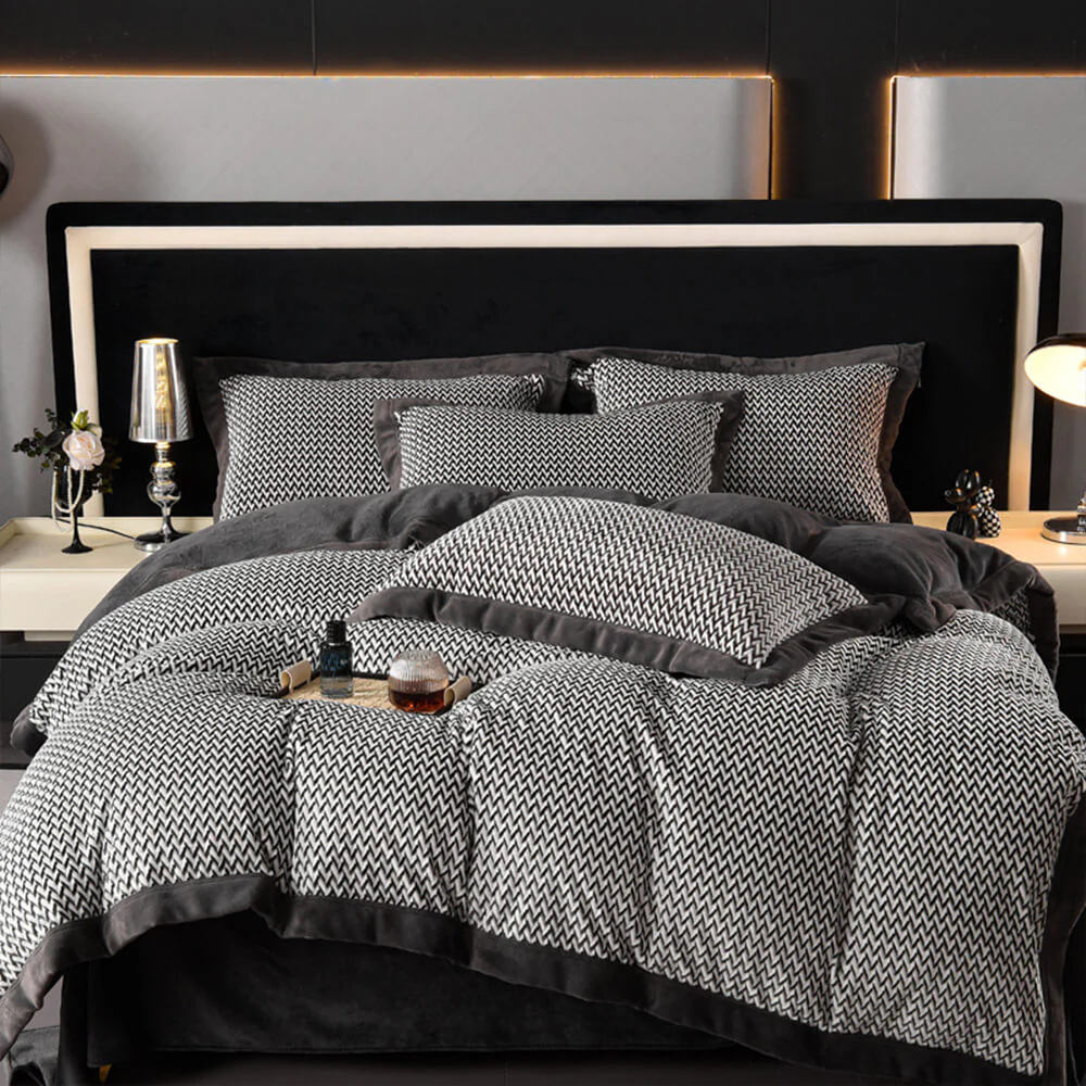 Modern Two-Tone Woven Herringbone Warm Milk Velvet Bed Sheet Set - News Pet Shop