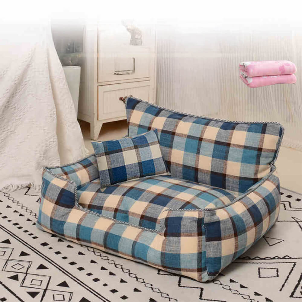 Vintage Plaid Warm Removable Washable Dog & Cat Sofa Bed Matching Blanket Pillow - News Pet Shop