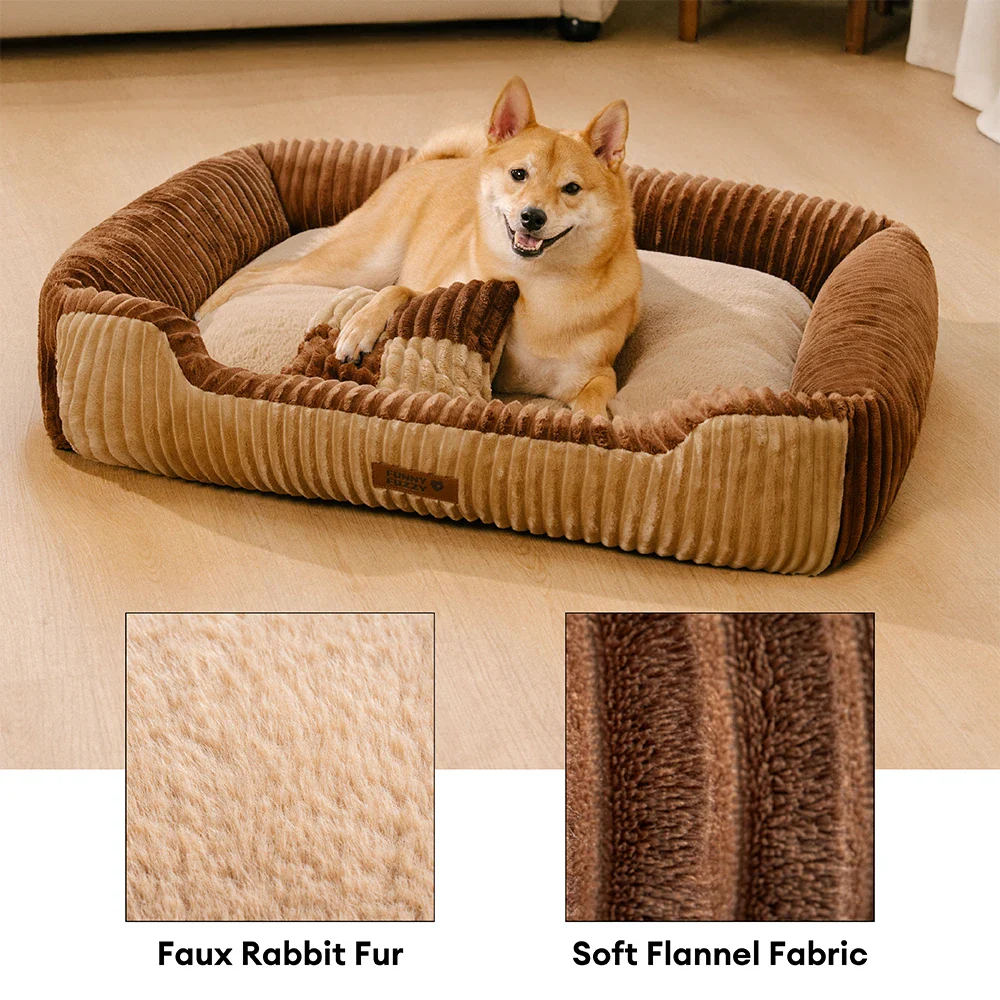 Vintage Color-Block Flannel Removable Bolster Dog Bed with Pillow C CozyRest - News Pet Shop