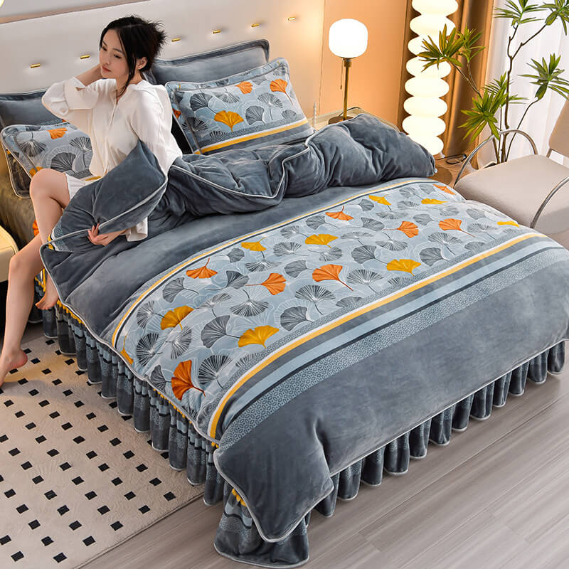 Homely Floral Milk Velvet Comfortable Bed Sheet Set With Bed Skirt - News Pet Shop