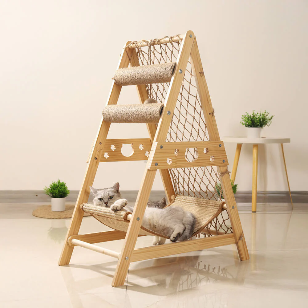 Modern Wooden Cat Tree Funny Scratching Post with Hammock Climbing Net - News Pet Shop