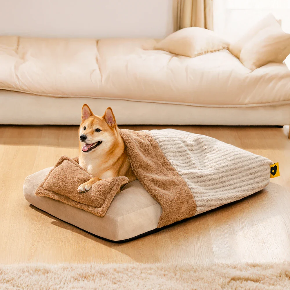 Plush Striped Cave Covered Orthopedic Dog Bed With Pillow - FluffyWarm - News Pet Shop