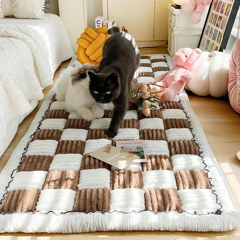 Cream-colored Large Plaid Square Fuzzy Pet Mat Bed Couch Cover - News Pet Shop