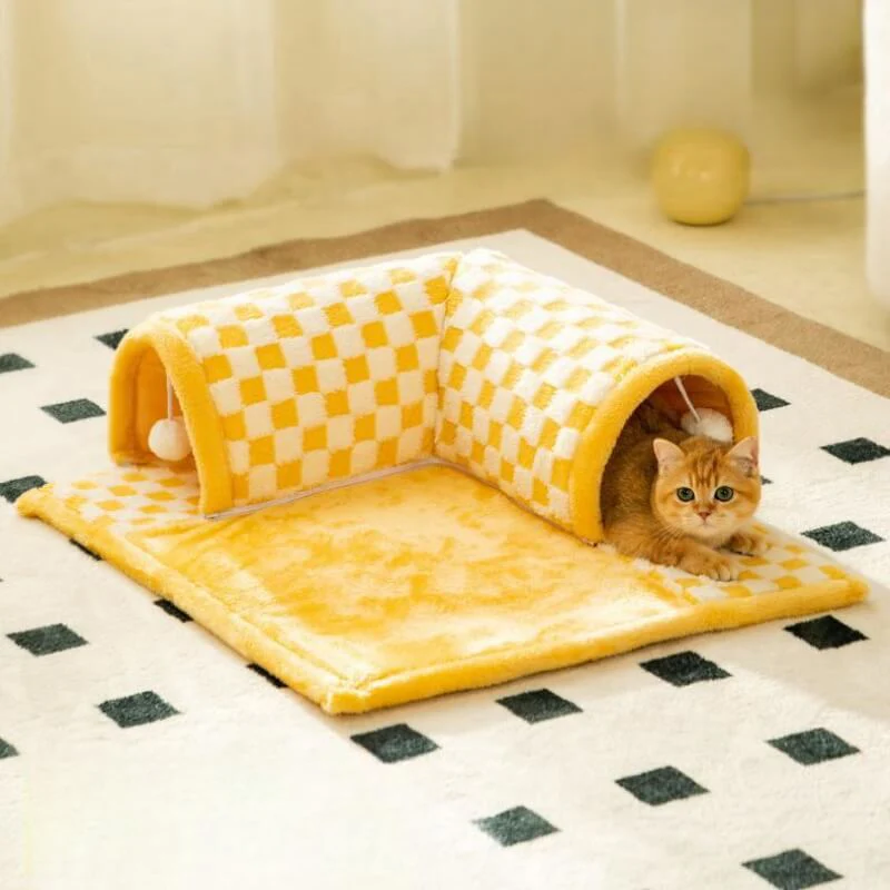 2-in-1 Funny Plush Plaid Checkered Cat Tunnel  Bed - News Pet Shop