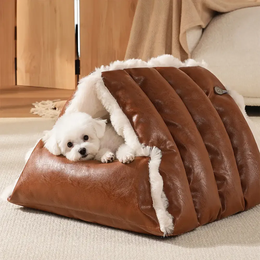 Faux Leather Vintage Multi-function Plush Dog Bed Convertible Dog Car Seat - News Pet Shop