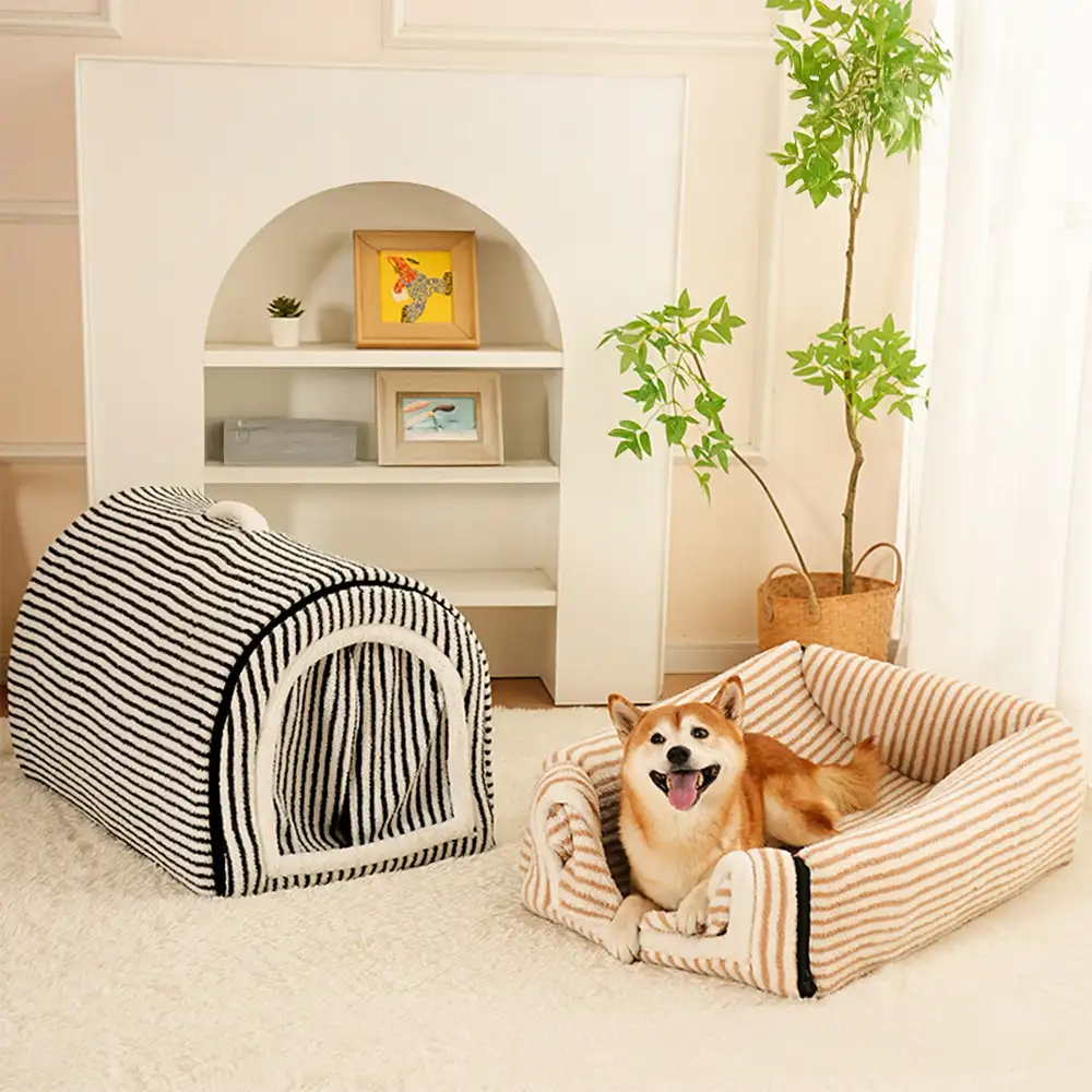 Striped Cave-Style Warm Deep Sleeping Snug Cat Cave Dog House - News Pet Shop