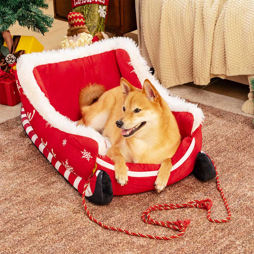 Festive Plush Cozy Dog Bed - Christmas Sleigh - News Pet Shop