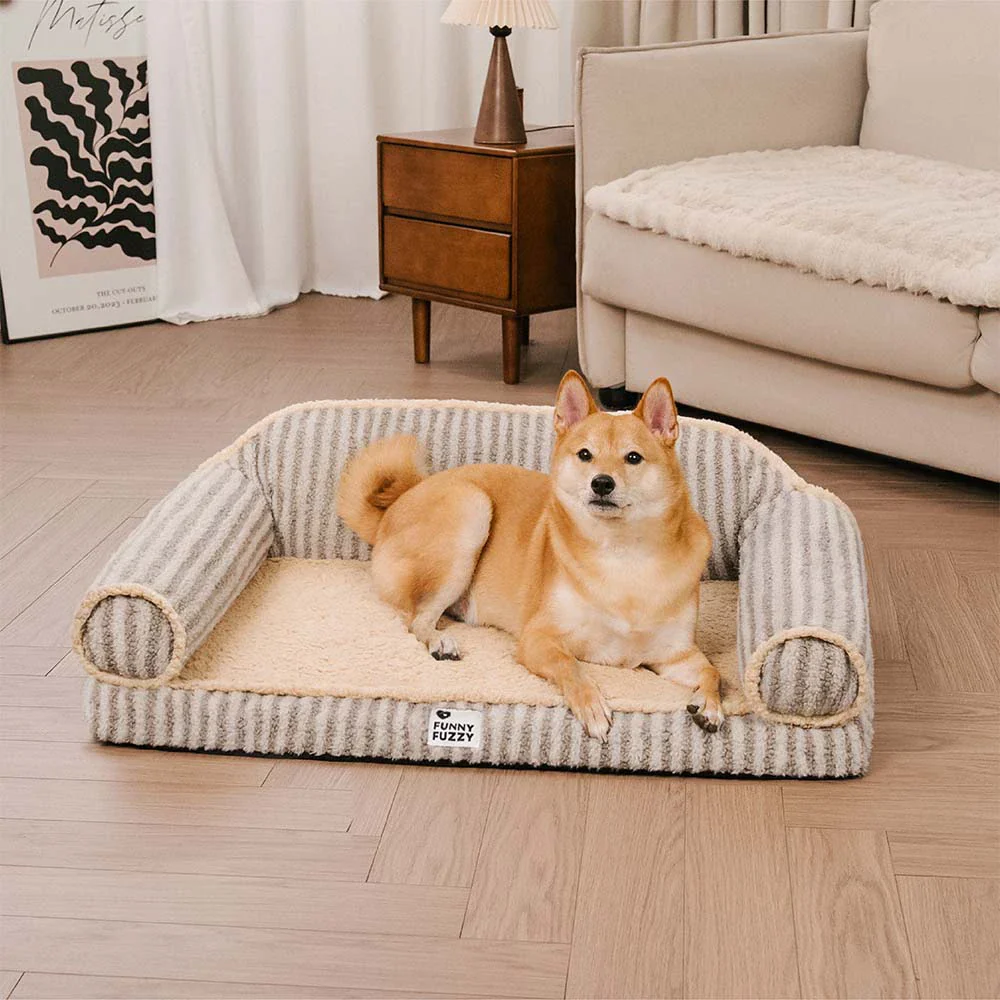 Fluffy Stripe Washable Orthopedic Dog & Cat Sofa Bed - Latte Nooki - News Pet Shop