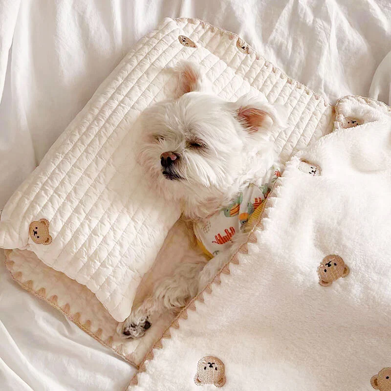Cozy Embroidered Cotton Pet Pillow Quilt Bed Set - News Pet Shop