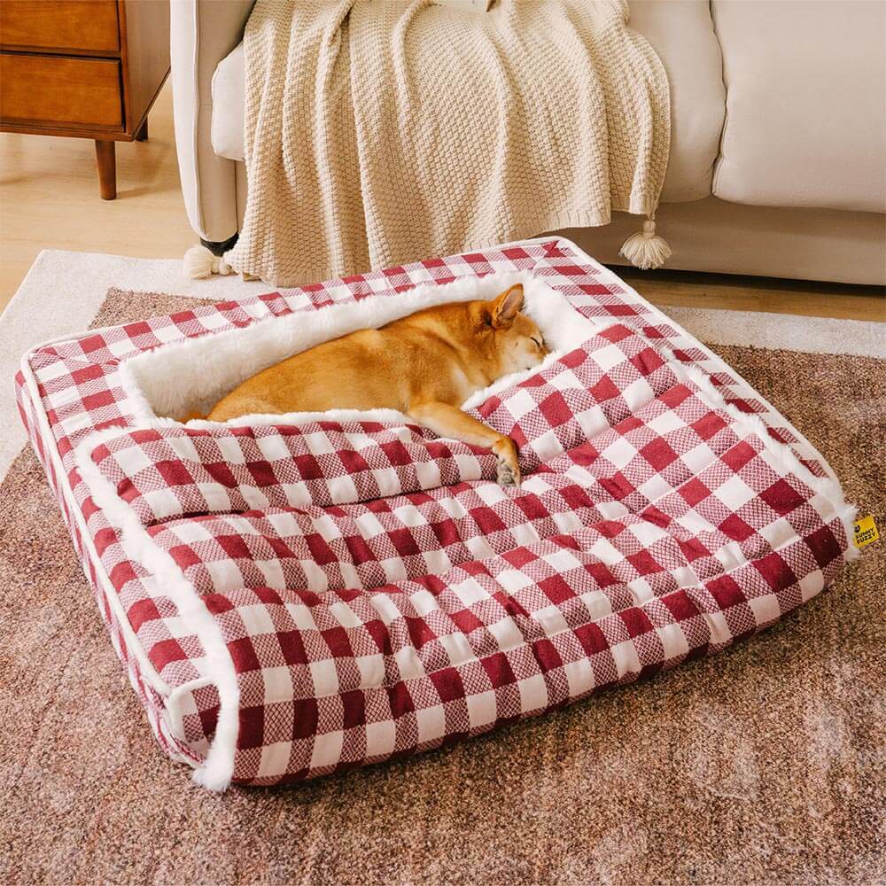 Classic Plaid Ergonomic Calming Dog Bed - Expandable  Washable - News Pet Shop