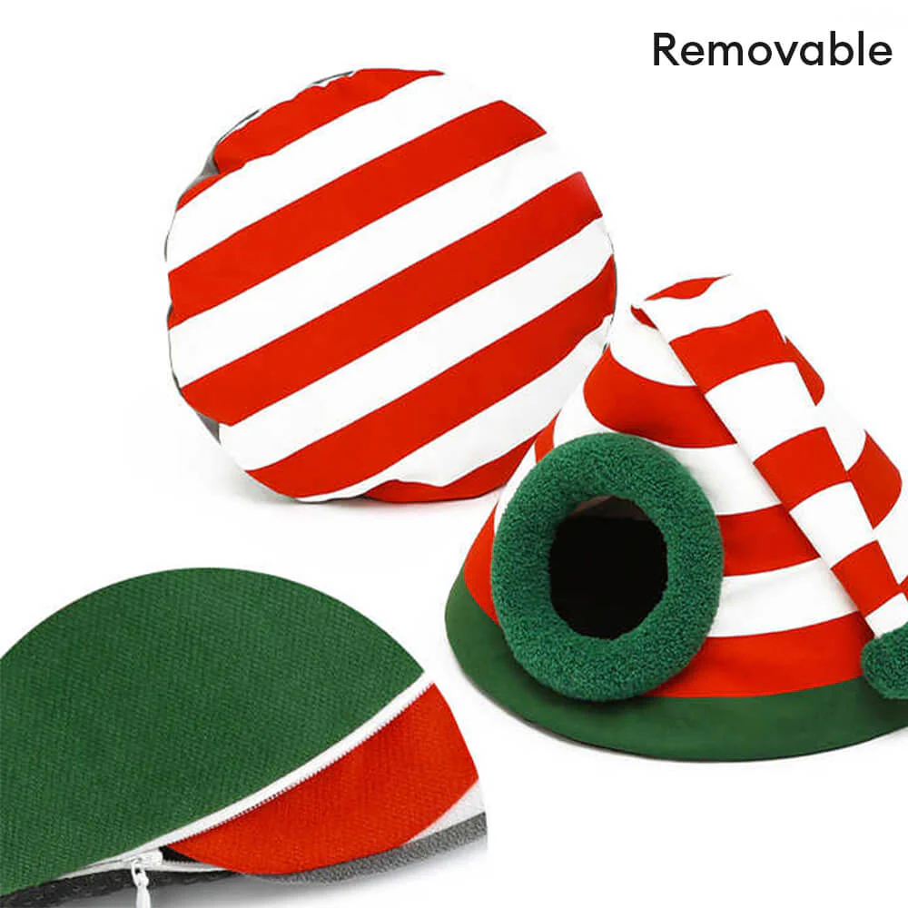 Classic Christmas Hat Warm Washable Semi-Enclosed Cat Cave Bed - News Pet Shop