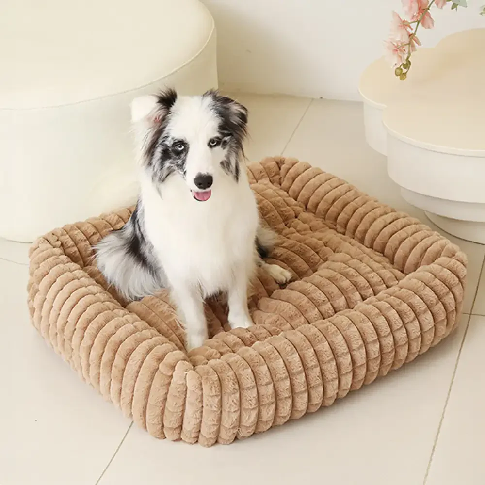 Square Striped Short Plush Fluffy Dog Bed for Small to Large Dogs   Deep Rest - News Pet Shop