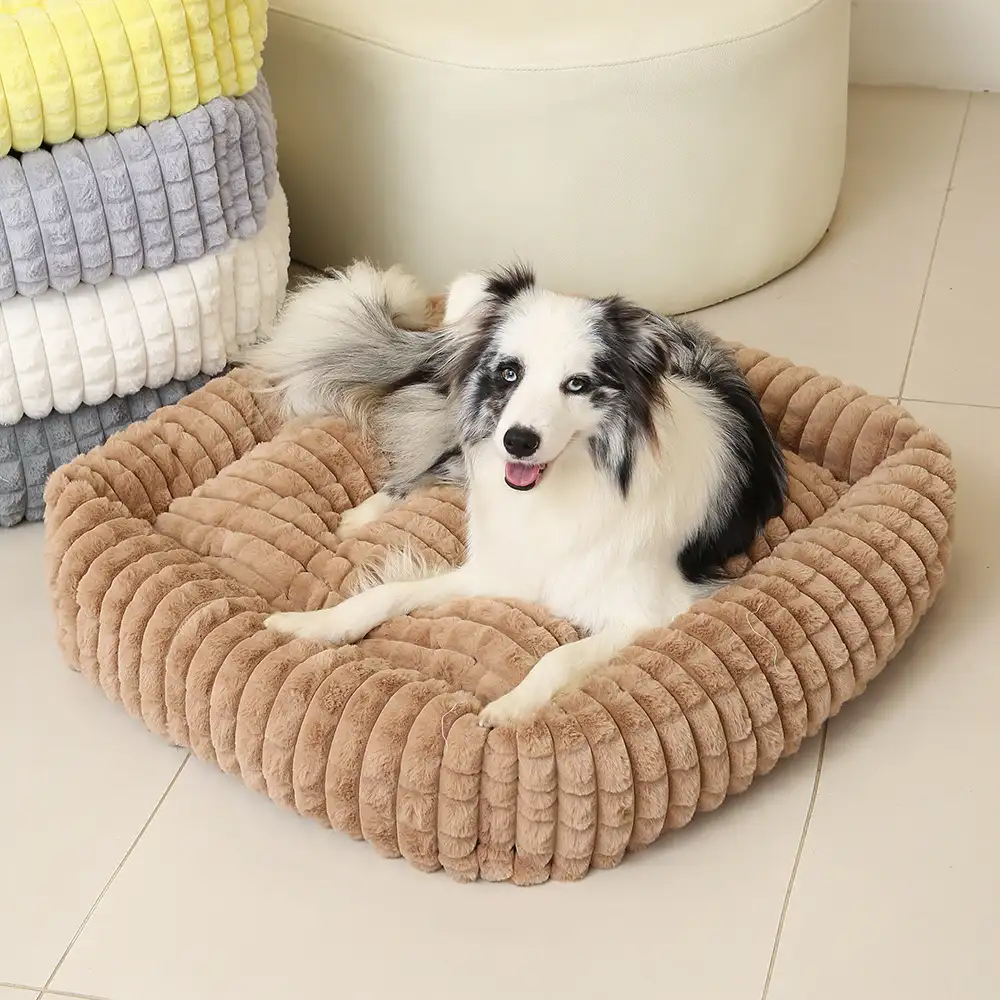 Square Striped Short Plush Fluffy Dog Bed for Small to Large Dogs   Deep Rest - News Pet Shop