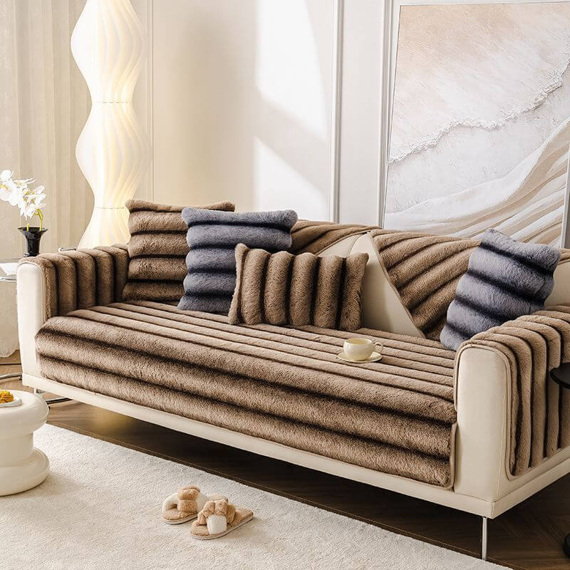 Striped Faux Rabbit Fur Sofa Protector Durable And Stain-Resistant Couch Cover - News Pet Shop